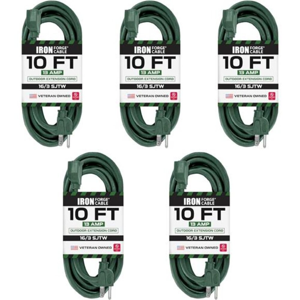 5 Pack Outdoor Extension Cord 10 ft, 16/3 SJTW Weatherproof Green Extension Cord